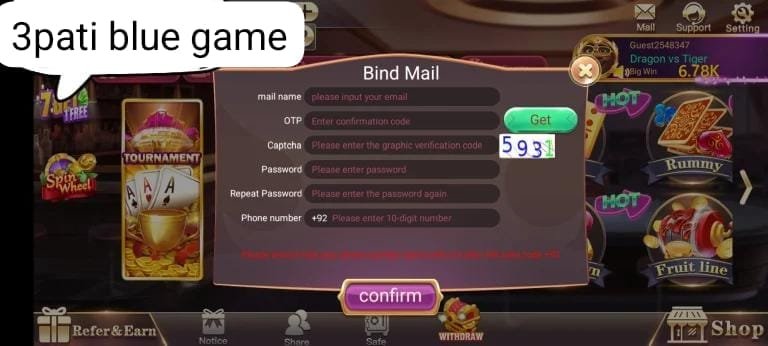 3 Patti Blue registration screen showing Bind Mail form with email and OTP fields